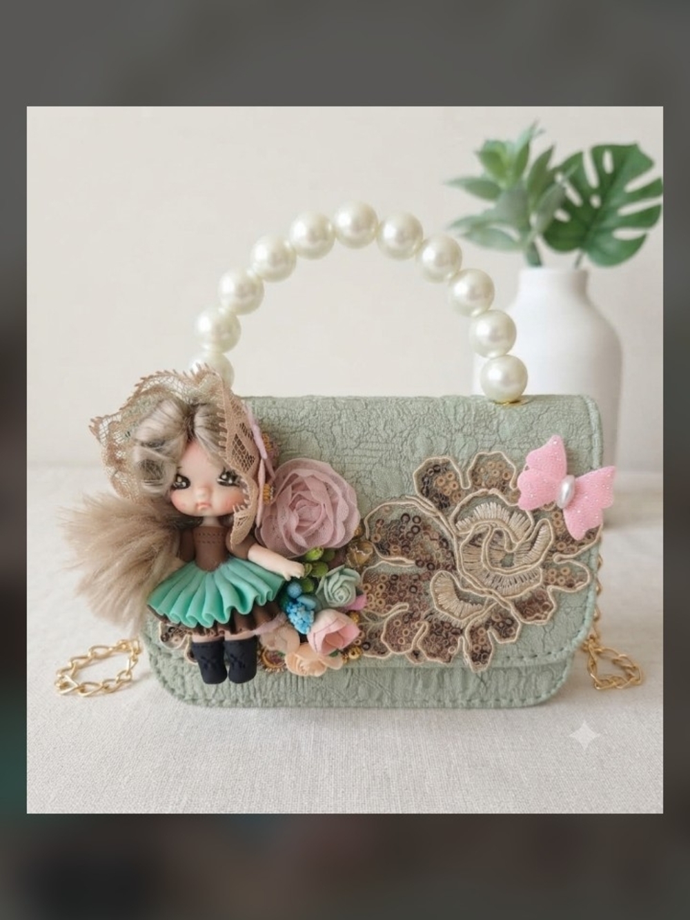 Handmade Sage Green Mini Handbag W/Detailed Doll Pearls & Sequin Floral Applique